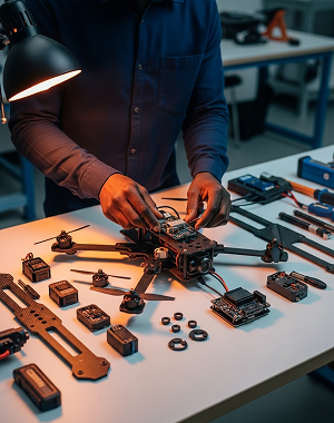 Une personne assemble les composants électroniques d'un drone sur un plan de travail d'atelier