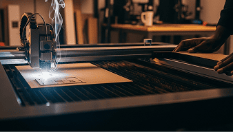 Machine de découpe laser en action gravant une plaque de bois lors d'un atelier pratique au Hfablab.