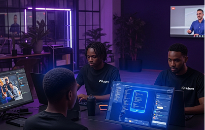 Étudiants de la formation ICFuture travaillant sur le développement de sites internet et la cybersécurité assistée par IA.