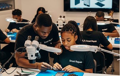 Un formateur accompagne une étudiante lors d'un atelier pratique du projet de formation Smart Repair au Hfablab.