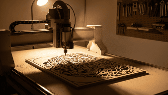 Usinage de précision d'un motif complexe en bois à l'aide d'une fraiseuse numérique CNC au Hfablab.