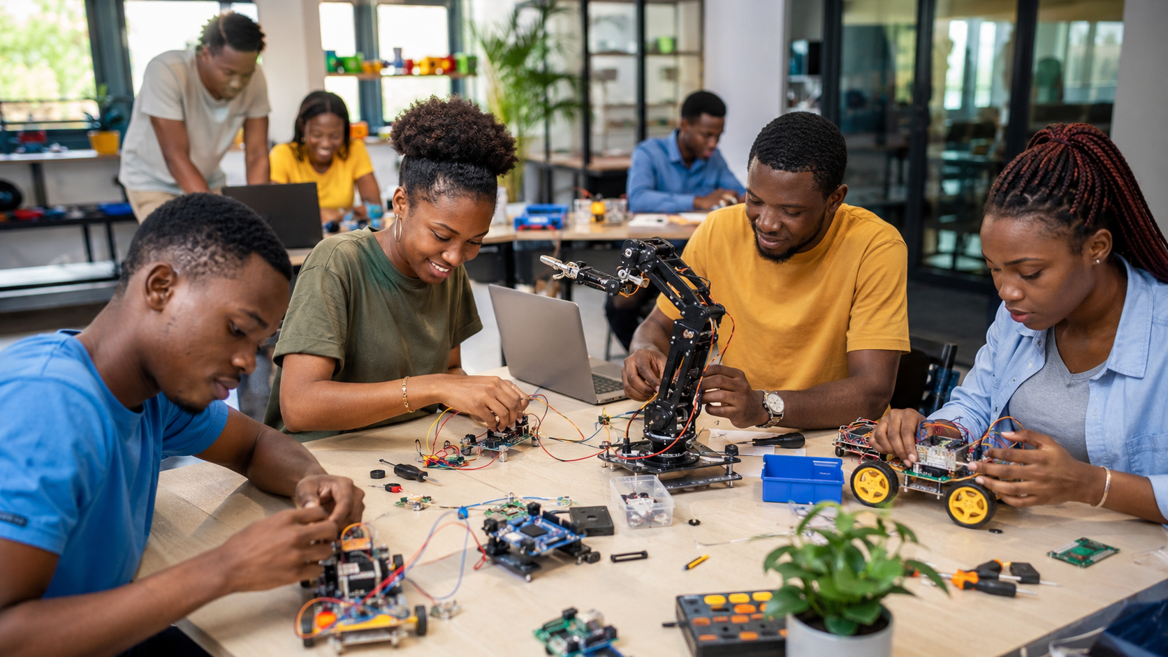 apprenants montant des robots lors de la formation robotique à hfablab