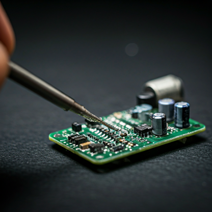 Gros plan macro sur la soudure de précision de composants électroniques CMS au Hfablab