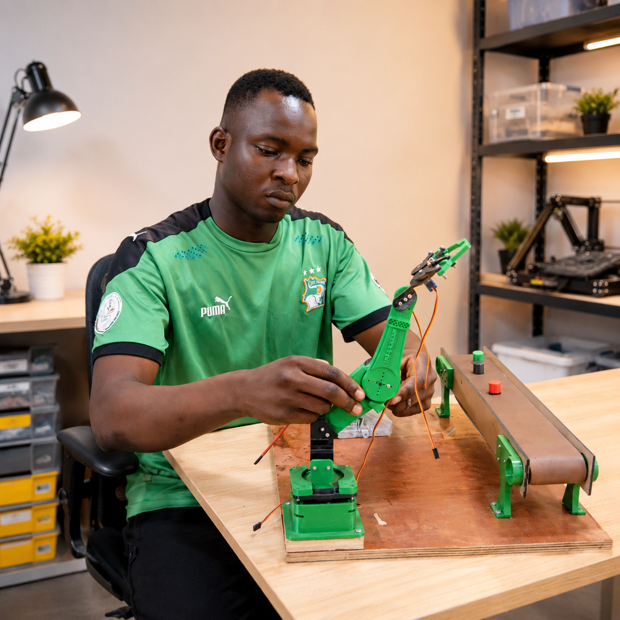 stagiaire cheick testant son projet de stage, un bras robotisé