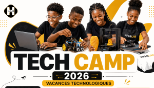 HFABLAB, atelier tech de vacances enfants, robotique programmation mBlock, découpe laser, modélisation 3D, électronique Bingerville.